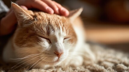 Closeup of a content orange and white cat being petted on the head by a human hand, eyes closed in relaxation, creating a warm, cozy and affectionate atmosphere ideal for pet love, companionship and c