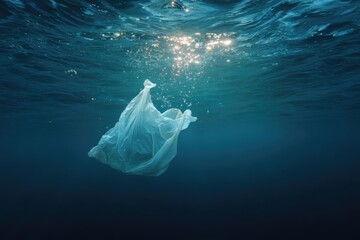 Underwater scene of a white plastic bag floating in the deep blue ocean, symbolizing marine plastic pollution, environmental harm, and the negative impact of single - use plastics on oceanic ecosystem