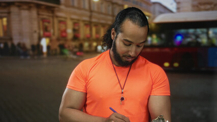 Man writing on a clipboard with biceps visible in a bright orange shirt on a city street at night;...