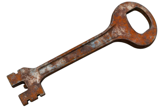 Rusty wrench key with unique design isolated on transparent background showcasing weathered texture and signs of wear