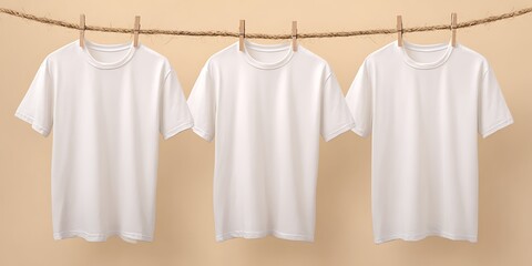 Three plain white t-shirts drying on a clothesline with wooden clothespins on a neutral background