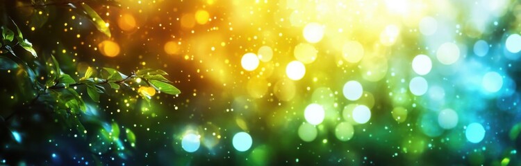 Obraz premium Vibrant natural scene with fresh green leaves on branch and colorful bokeh lights in yellow, green, blue hues, illuminated by warm sunlight, creating a magical, peaceful and refreshing atmosphere perf