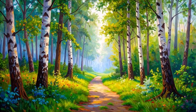 A sunlit path through a vibrant birch forest