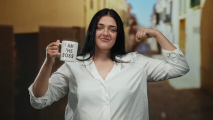Confident woman in white shirt poses with mug reading 'i am the boss' flexing on a city street,...