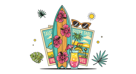 Vibrant tropical getaway illustration with surfboards and island themes design