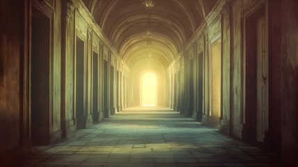 A long hallway with arched ceiling and doors leading to a bright light at the end of the passage