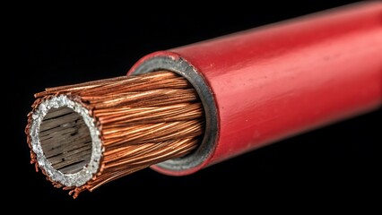 Cross section of a red insulated electrical cable ideal for technical and engineering projects, illustrating the internal components. Electric wiring diagram.
