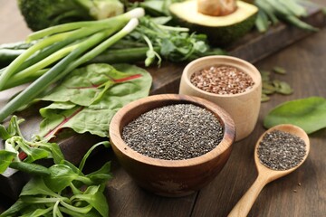 Superfood. Different healthy products on wooden table, closeup