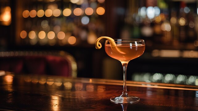 Atmospheric bar scene with a classic cocktail in a coupe glass garnished with a twist of orange peel Soft background bokeh creates a luxurious mood