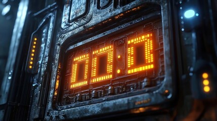 Obraz premium close-up of a futuristic digital timer with bright orange LED numbers on a metallic, industrial background emitting a glowing light in a dark environment