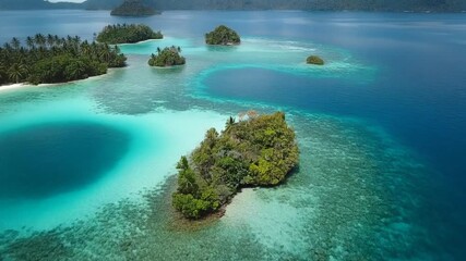 Breathtaking aerial view of a remote tropical archipelago with lush green islands scattered across a vibrant turquoise sea. - Powered by Adobe