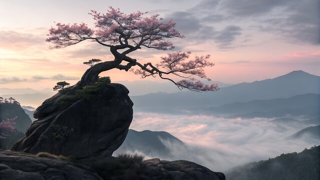 Lone cherry blossom tree on a rocky outcropping above misty mountains - Powered by Adobe