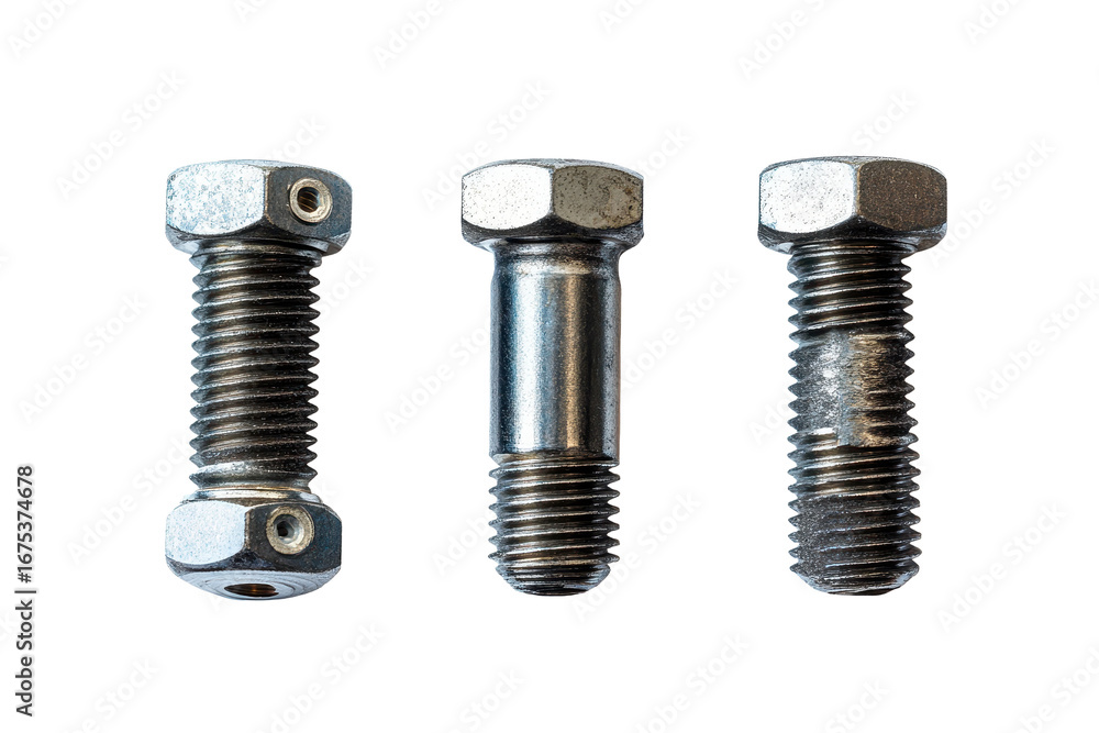 Poster different types of bolts arranged on a white background highlighting metal texture and detailing in 
