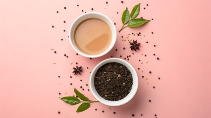 Two bowls of tea ingredients and spices on a pink background