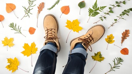 Cozy autumn boots surrounded by colorful falling leaves