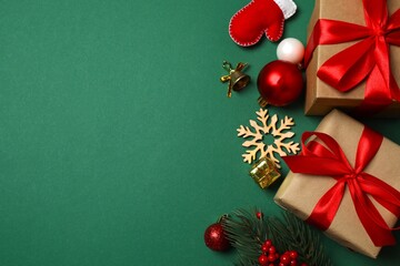 Christmas composition with gift boxes and festive decorations, close-up