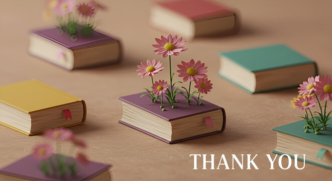 A whimsical scene where knowledge and imagination blossom, featuring colorful miniature books with delicate pink flowers sprouting from their pages as a metaphor for creative growth and learning