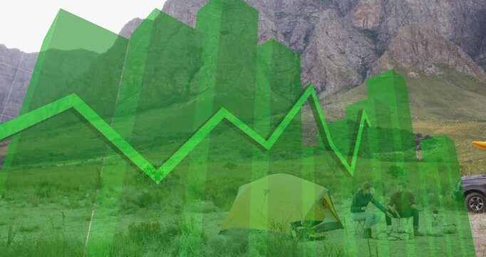 Campers holding mugs pausing at remote campsite, technology overlay forming 3D bar and line charts