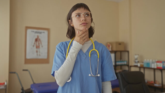 Woman doctor wearing glasses in blue scrubs with stethoscope touches chin in clinic consultation room; reflection.