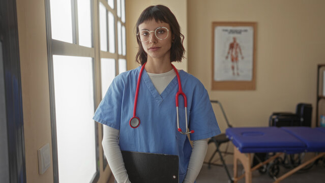 Woman nurse in blue scrubs holding clipboard in bright building; confidence care dedication expertise. - Powered by Adobe