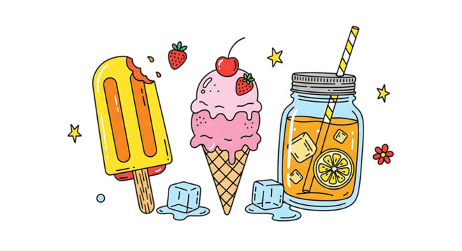 Delightful summer treats popsicle ice cream cone and refreshing fruit drink art
