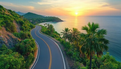Fototapeta premium Winding coastal road through lush tropical landscape with palm trees, leading to serene ocean under golden sunset sky, capturing travel adventure and natural beauty concept for vacation and getaway in