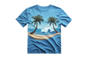 Colorful tropical shirt featuring palm trees and ocean waves in bright blue hues