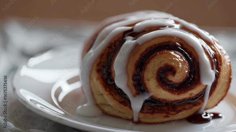 Poster close-up video of a cinnamon roll with icing, captured at eye level. the focus is on the swirl patte