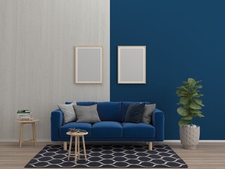 modern living room with blue sofa