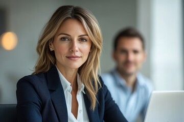 Obraz premium Confident businesswoman in a professional setting, a male colleague is blurred in the background.
