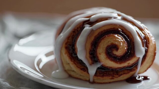 Close-up video of a cinnamon roll with icing, captured at eye level. The focus is on the swirl pattern and glossy texture, creating a tempting view.