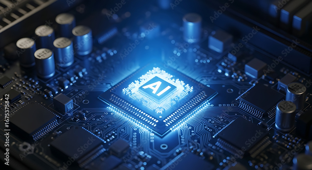 Poster close up shot of a blue glowing ai chip on a circuit board with visible components and connections a