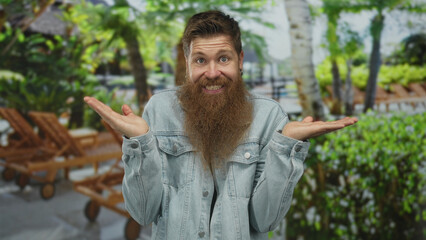 Man with red beard shrugs palms up amid lush green foliage and tall trees under bright sunlight in...