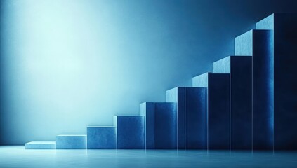 Blue ascending bar graph with nine steps increasing in height against a smooth blue gradient background conveying growth and progress