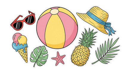 Vibrant summer vacation themed cartoon style stickers with various items
