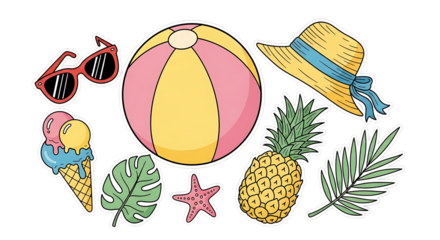 Vibrant summer vacation themed cartoon style stickers with various items