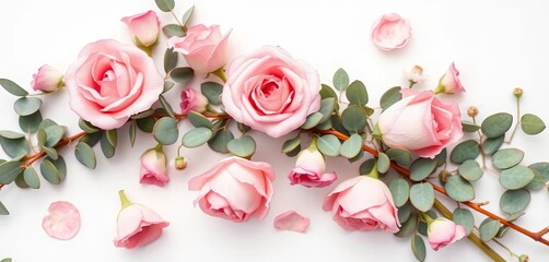 Delicate pink roses & eucalyptus on white, feminine wedding desktop flatlay,  bridal,  bloom