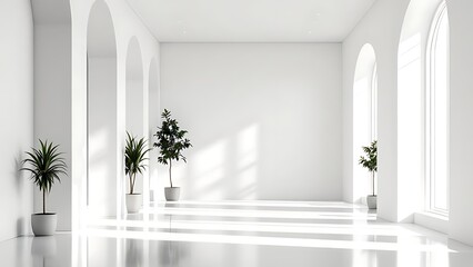 Fototapeta premium A serene and minimalistic interior showcasing a spacious room with arched columns and large windows, letting in soft natural light that creates a peaceful atmosphere