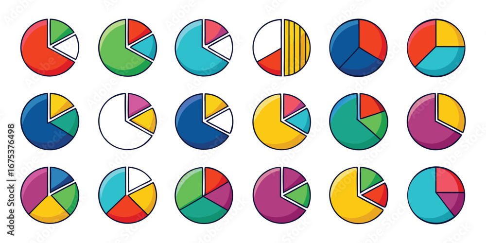 Aufkleber assortment of colorful circular pie charts with various segments and colors graph data