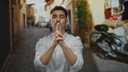 Young man mimicking a gun gesture with hands on a street in a vibrant city setting, showcasing...