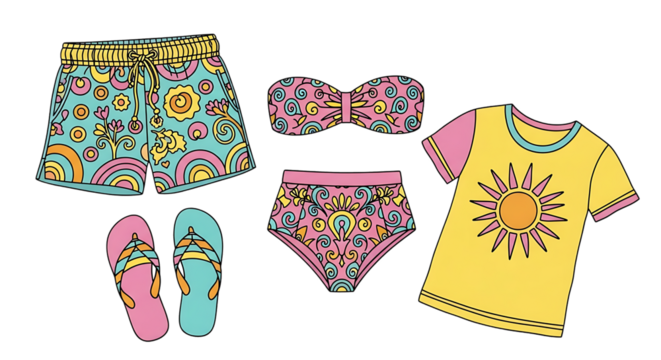 Whimsical retro summer vacation apparel in bright colors and floral patterns