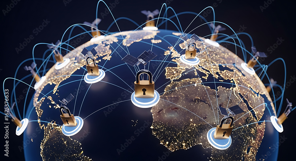 Aufkleber global network security concept with earth globe satellites and padlocks connected by lines of commu