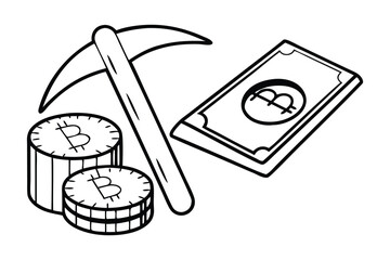 Close-up Outline Illustration of Bitcoin Coins, Pickaxe, and Paper Currency cryptocurrency mining