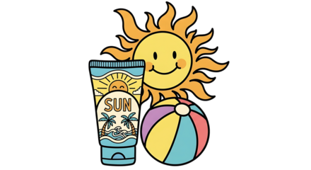 Whimsical beach day illustration featuring sun, sunscreen, and beach ball