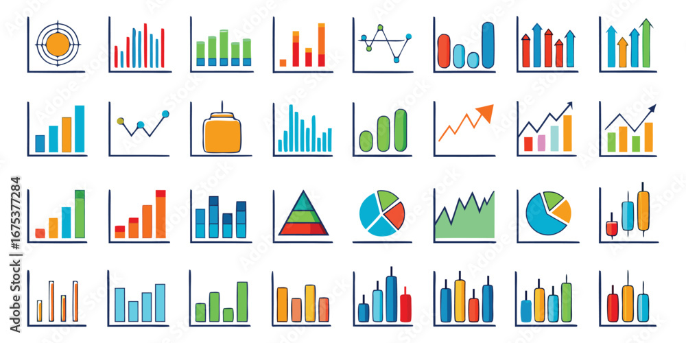 Poster collection of hand-drawn bar charts line graphs pie charts and candlestick charts in various colors
