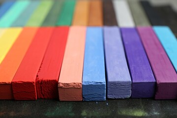 Set of colorful chalk pastels on table, closeup