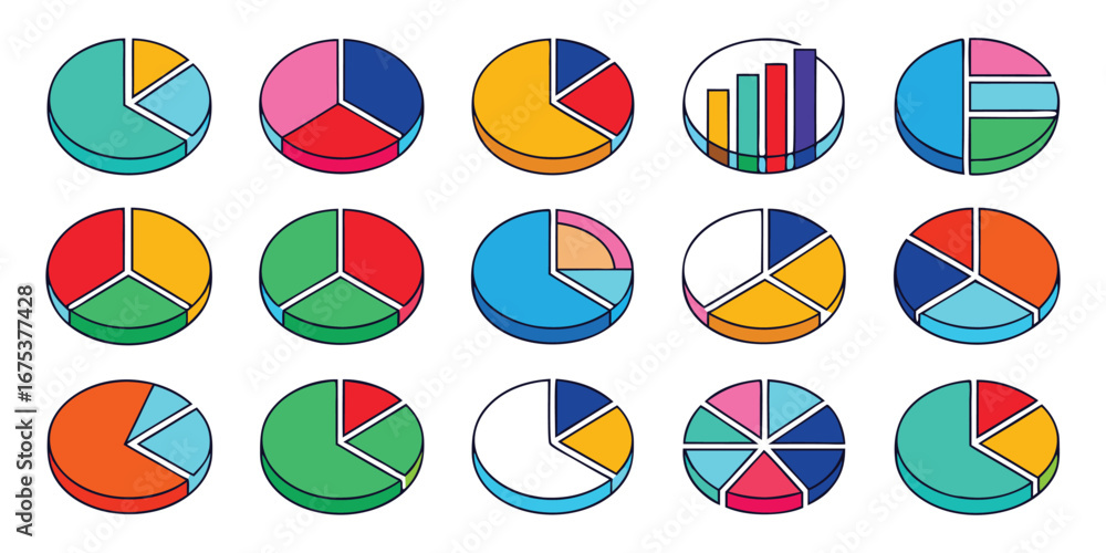 Aufkleber colorful 3d isometric pie chart and bar graph icons for data visualization infographic statistics
