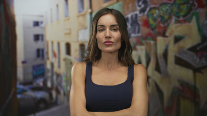 Young hispanic woman with bare arms crossed under bright daylight on a colorful graffiti lined city street; rejection.