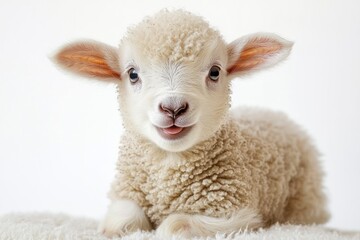 Close-up of a fluffy young lamb with expressive eyes and a gentle smile lying down on a white background