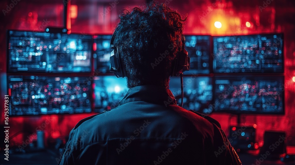 Poster cybersecurity professional monitoring multiple screens in a dark room